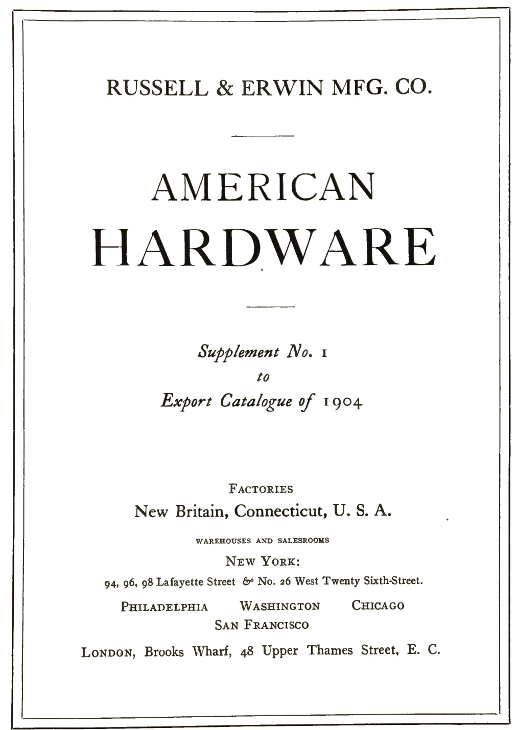 American Hardware: Supplement No. 1 to Export Catalogue of 1904 cover